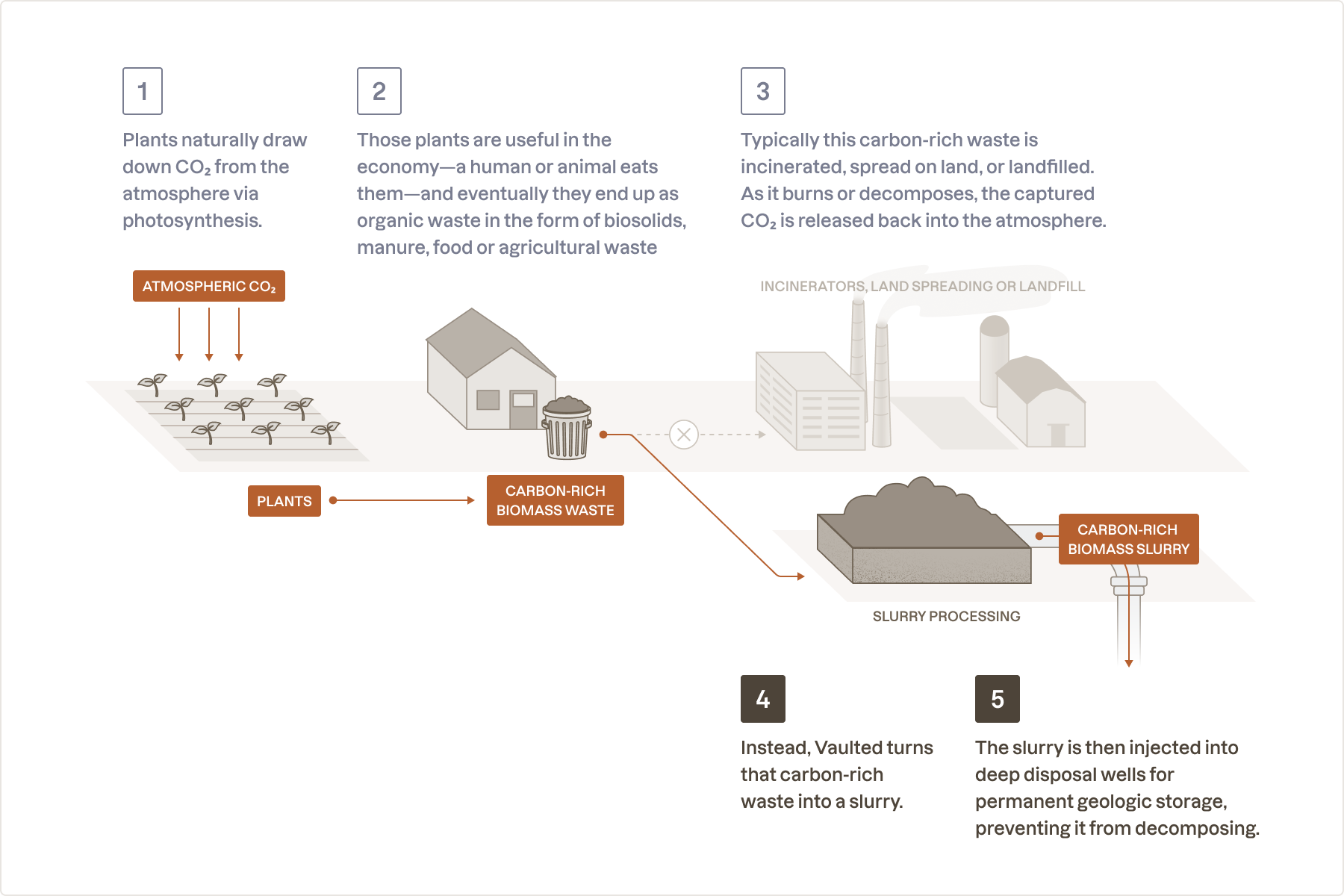Vaulted’s method of removing CO₂ via underground injection of waste biomass.
