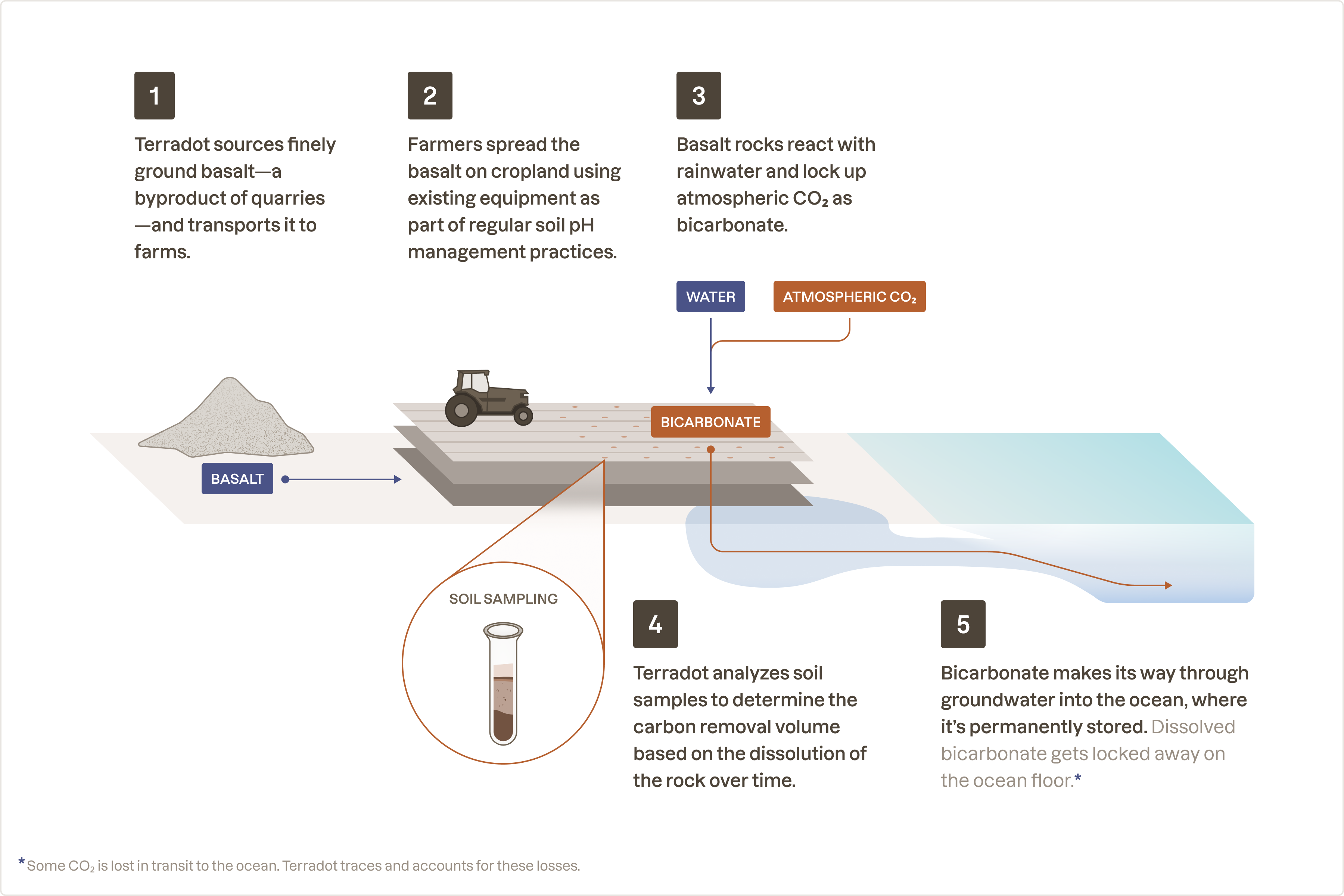 Terradot’s method of sourcing ground basalt, spreading it, and measuring permanent CO₂ removal.