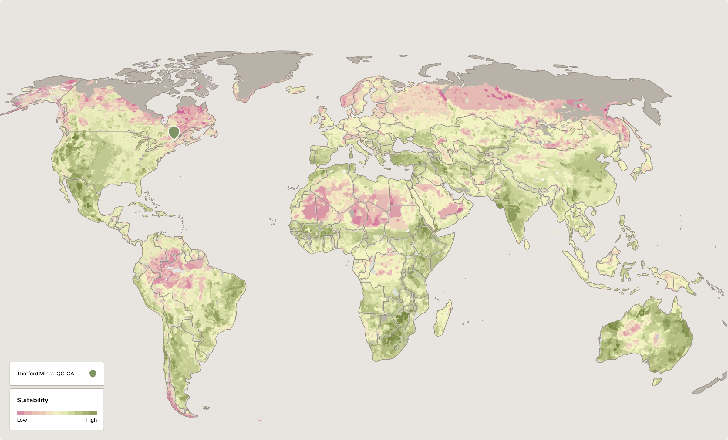 Global suitability of surficial mineralization sites